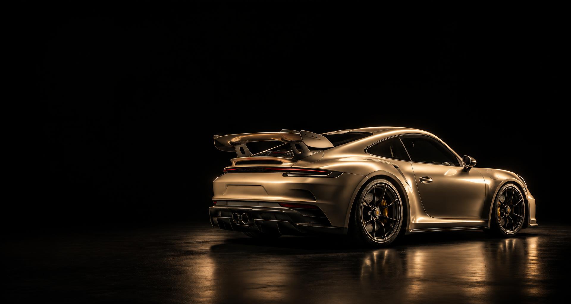 Porsche 911 GT3 dourado em um cenário preto